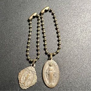 2 Antique Brass Miraculous Medal Virgin Mary Catholic Medallion Mini Keychains